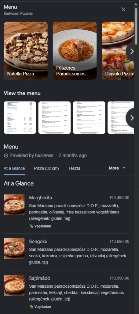 A Kertvárosi Pizzéria Google-adatlapjának étlaprésze