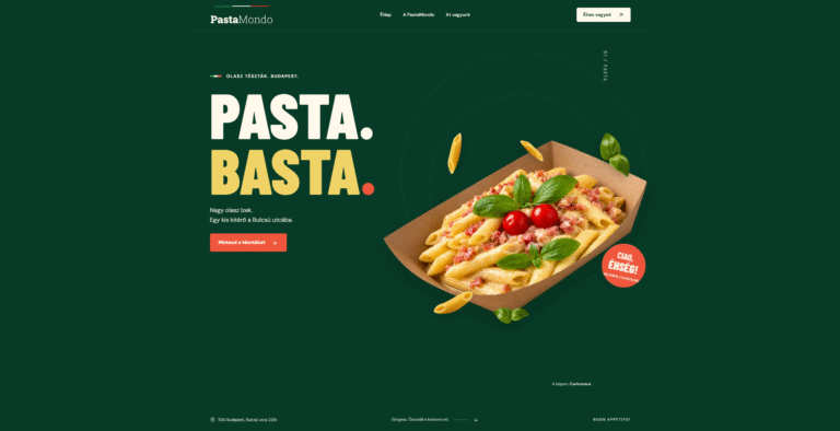 A Pasta Mondo éttermi weboldalának demója a PASTA. BASTA. nyitófelülettel