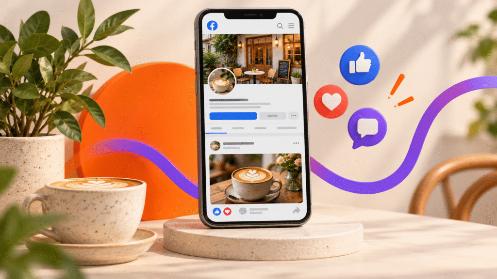 Kisvállalkozás Facebook-oldalának illusztrációja telefonon, kávézós bejegyzéssel